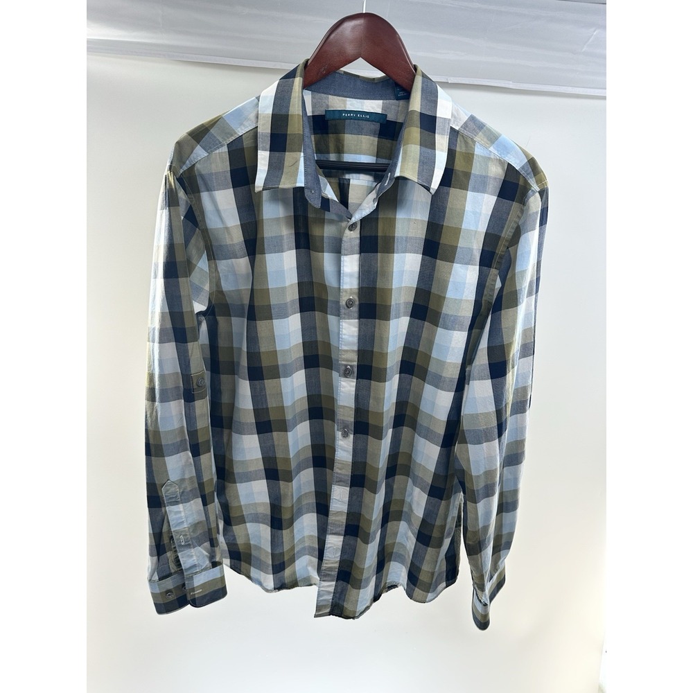 Perry Ellis Mens XL Shirt Stretch Multicolor Windowpane Plaid